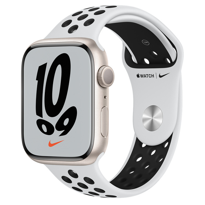 Apple Watch Series 7, Nike Starlight Aluminum Case with Pure Platinum-Black Nike Sport Band 45mm, GPS